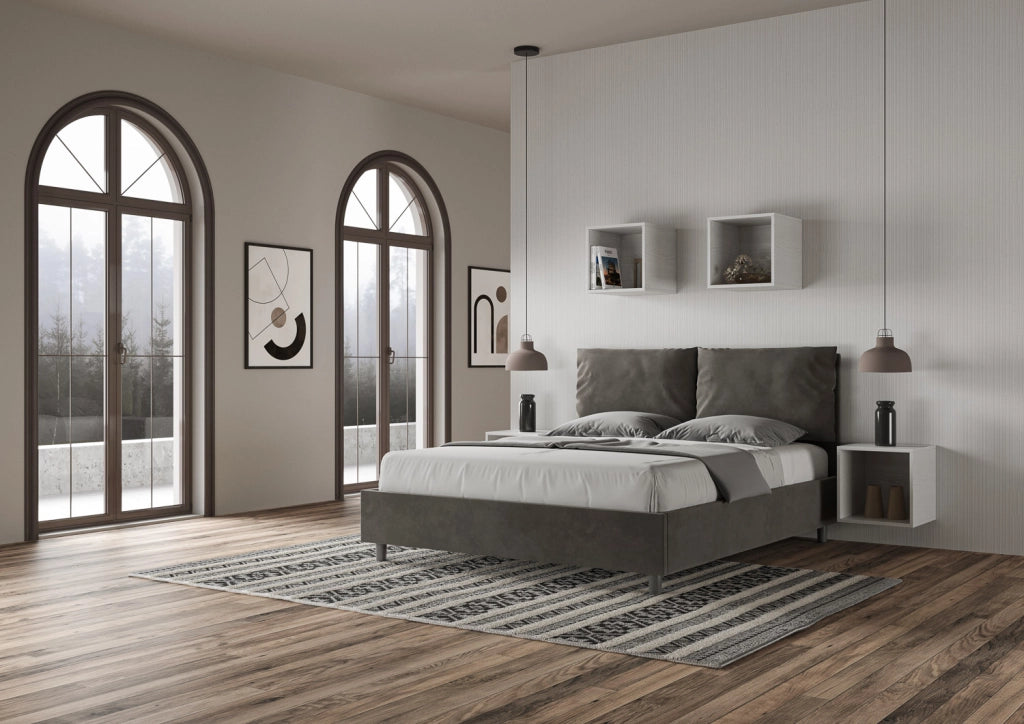 BS COM Letto queen size con rete imbottito 150x190 microfibra grigio