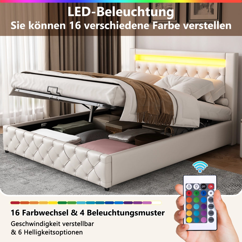 OKWISH Letto Contenitore 140×200 cm, Letto Matrimoniale con Contenitore, LED Regolabile e Telecomando, senza Materasso, in PU, Bianco