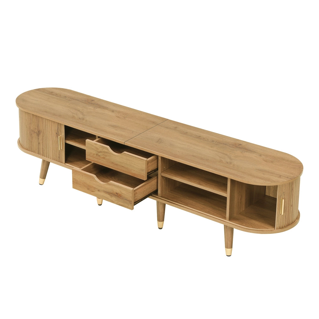 OKWISH Mobile TV con Ante Scorrevoli, 2 Cassetti e Vani Aperti, Passacavi, Stile Naturale, 175×38×45 cm
