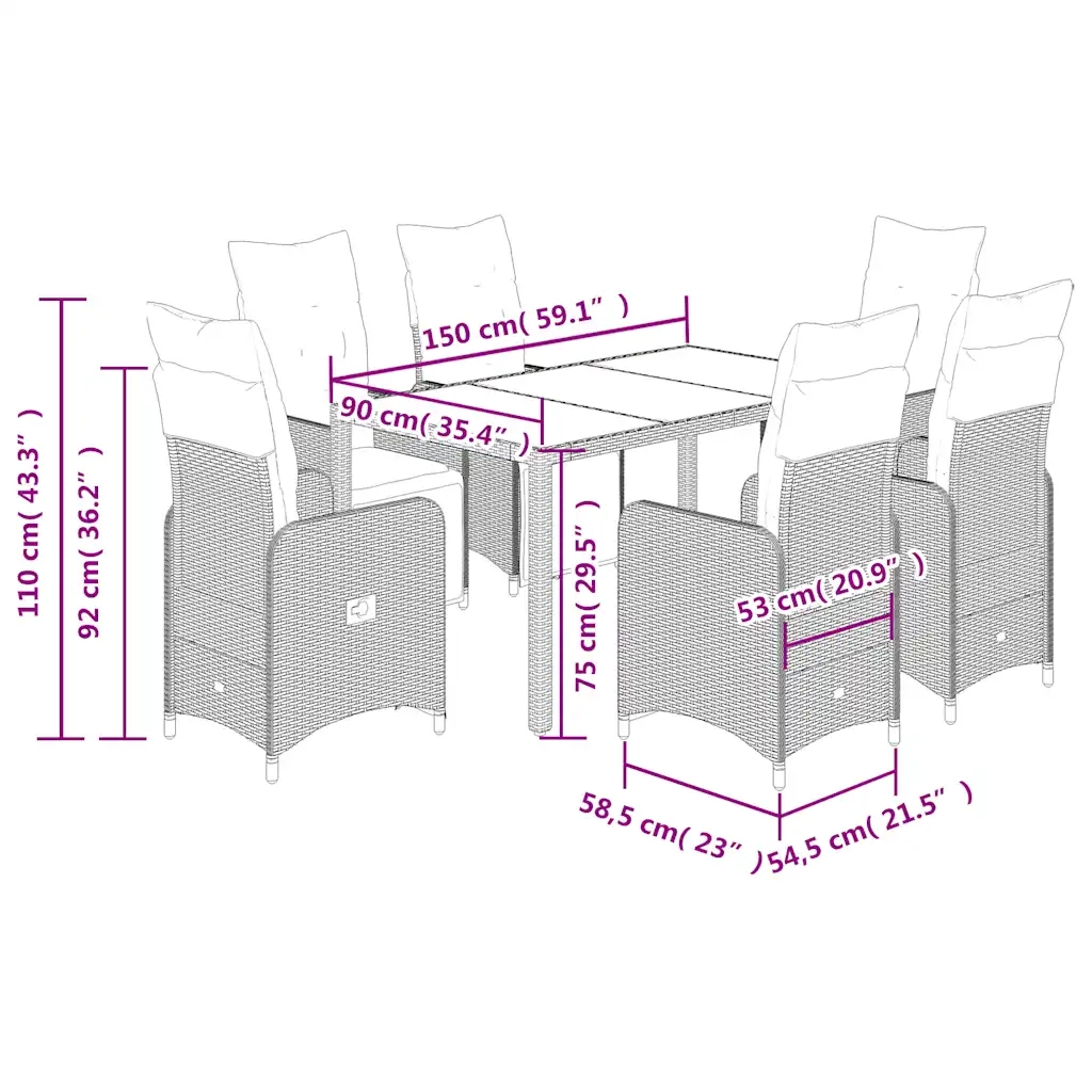 Set BistrÃ² da Giardino 7 pz con Cuscini in Polyrattan Marrone