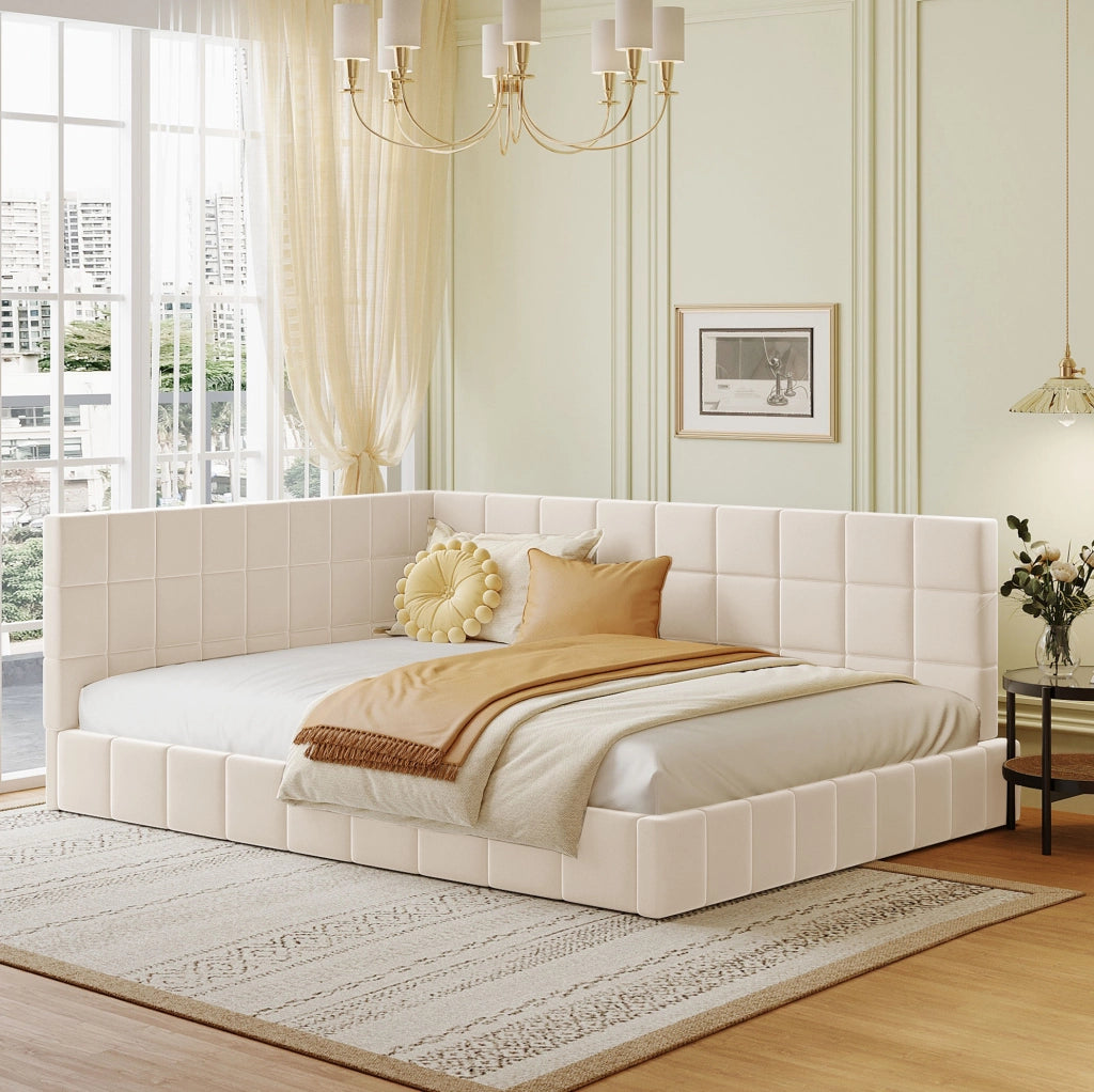 Letto da giorno 140x200 cm; design Mid-Century; tessuto beige (Senza materasso)
