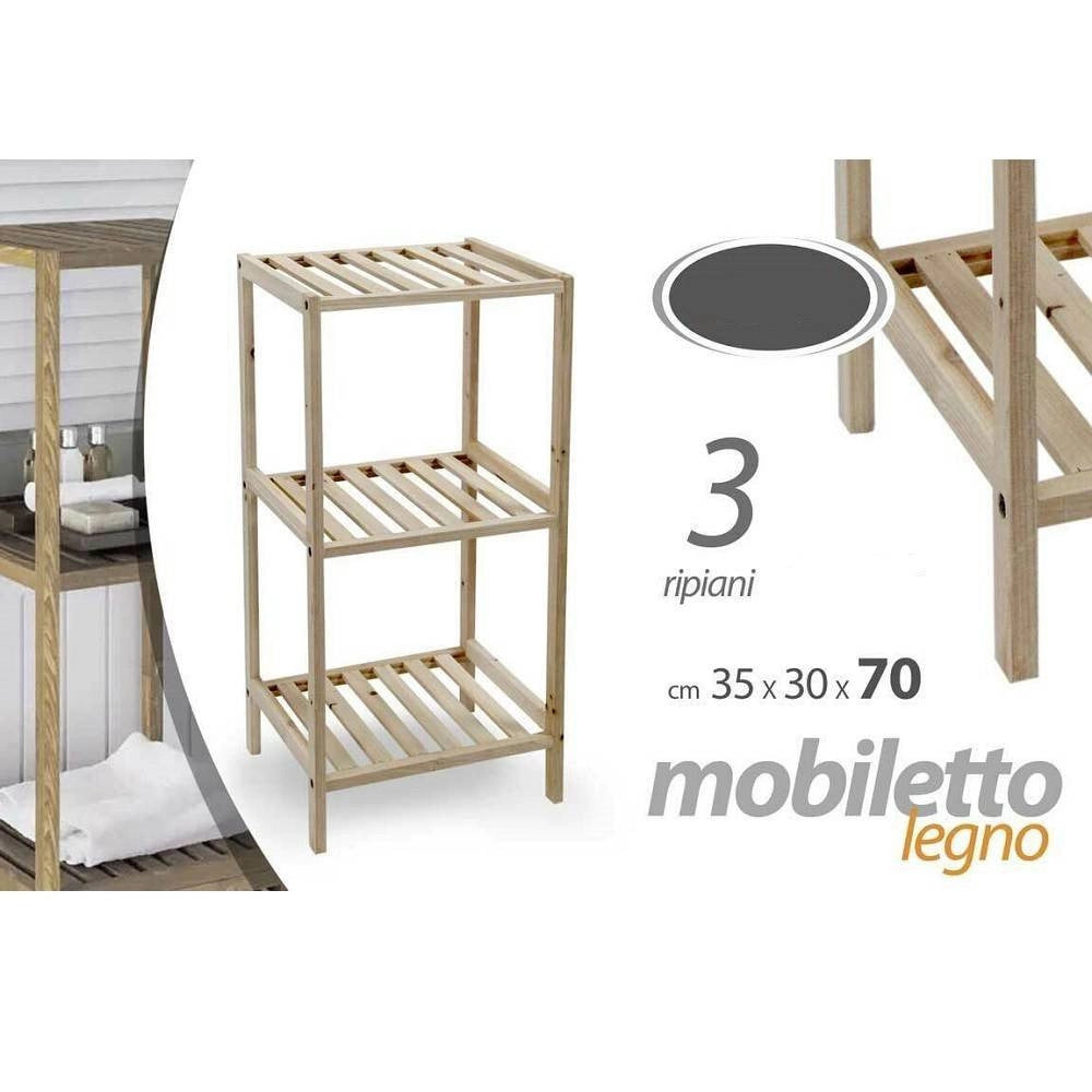 Trade Shop - Mobile Scaffale In Legno 3 Ripiani Mensole 35x30x70cm Arredamento Casa Bagno -