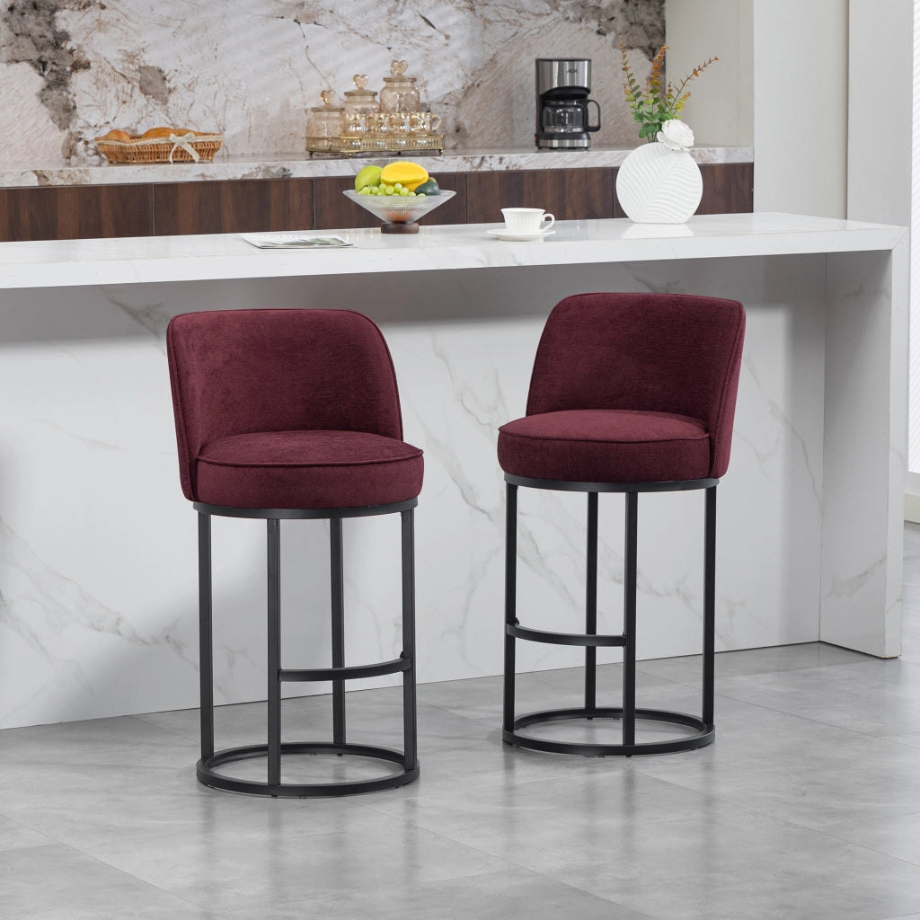Sgabello da bar in lino con schienale ergonomico e poggiapiedi, struttura in metallo, rosso vino 46,5 × 49,5 × 88,5 cm