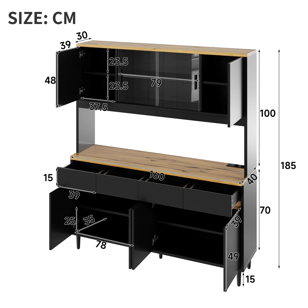 Credenza e madia con LED app, porte in vetro e prese USB, per soggiorno e cucina, in truciolare, nero, 160 × 40 × 185 cm