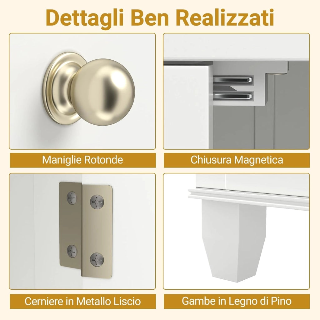 Mobile per Bagno, Armadietto Moderno Salvaspazio con Ante, Ripiani, Cassetti e Piedi in Legno di Pino Massiccio, Mobiletto per Soggiorno, Corridoio e Ingresso, 56 x 30 x 108 cm (Bianco)