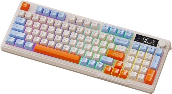 Tastiera wireless, 96 tasti con doppio modulo, retroilluminazione di sfondo colorata, tasti di scelta rapida multimediali, pulsanti del volume e un indicatore di batteria a lunga durata (blu-arancione) per gaming PC e laptop.