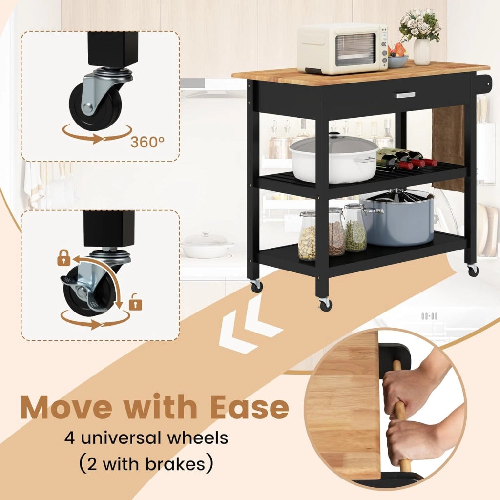Desserte Cucina, Porta Asciugamani, Piano di Lavoro in Legno di Eva, Carrello con ruote, 1 Cassetto, 2 Ripiani Aperti, Cornice in Legno di Pino, Carrello Cucina per Sala da Pranzo, Nero