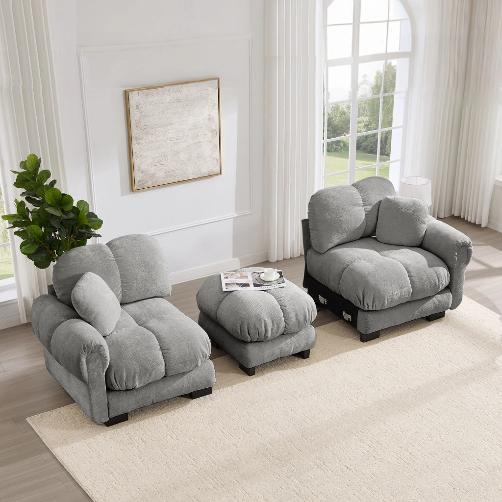 Divano angolare modulare a 2 posti in ciniglia con cuscini trapuntati e pouf mobile grigio chiaro 190 × 149 × 90 cm