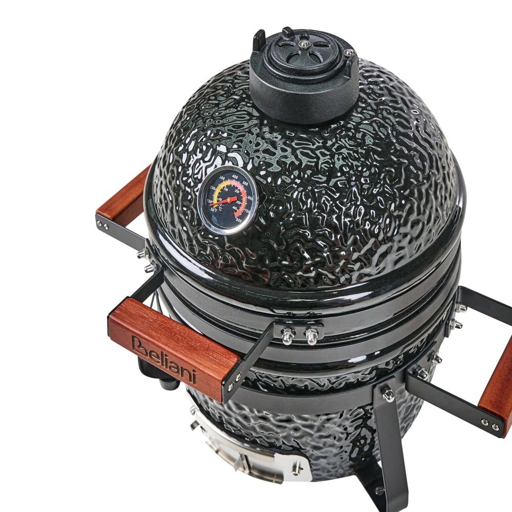 Mini barbecue da esterno in ceramica a carbone con coperchio termometro e griglia di cottura colore nero