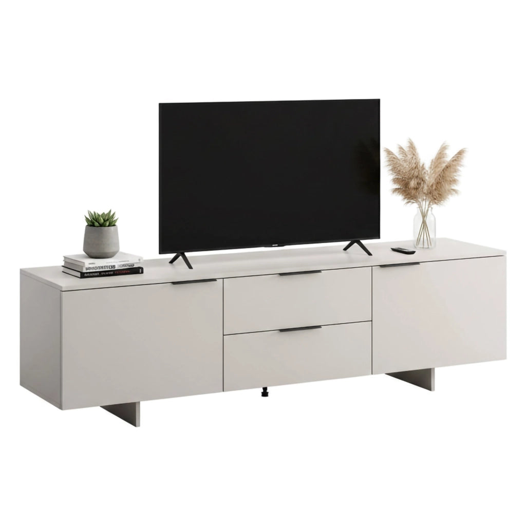 Mobile porta TV Cislago, Madia da salotto con due ante battenti e due cassetti, Rialzato da terra, 180x42 h55 cm, Beige