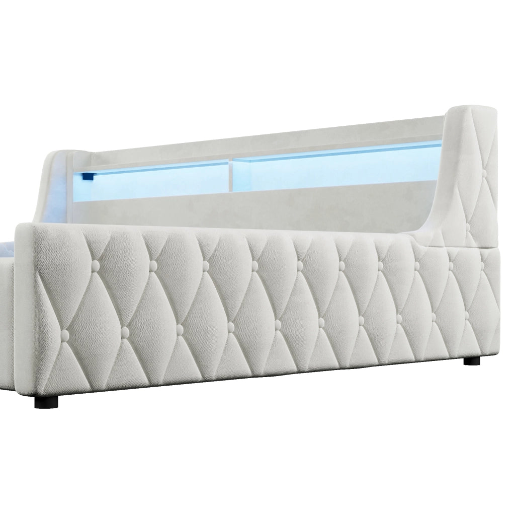 Letto imbottito 140x200 cm con LED e vano contenitore