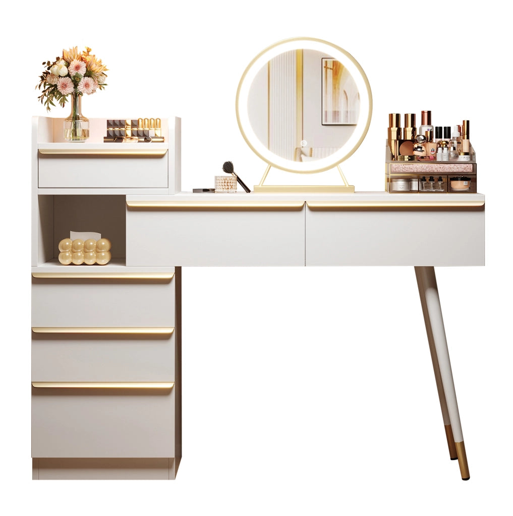 Toeletta bianca estensibile con specchio LED dimmerabile e 6 cassetti