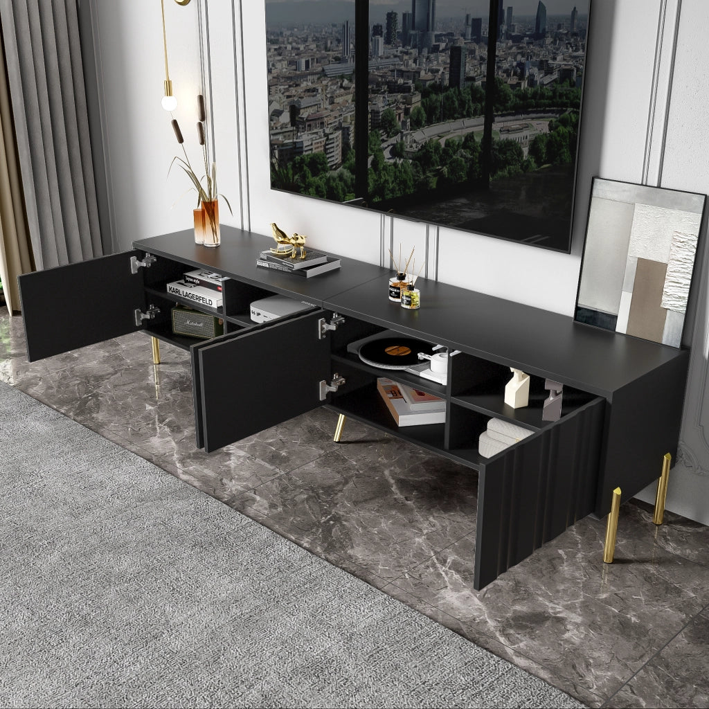 Mobile TV con 4 Ante e 8 Ripiani; Ante a Doghe Verticali; Piedini Dorati 15 cm; in MDF e Pannello Truciolare; Nero; 190??38??48 cm