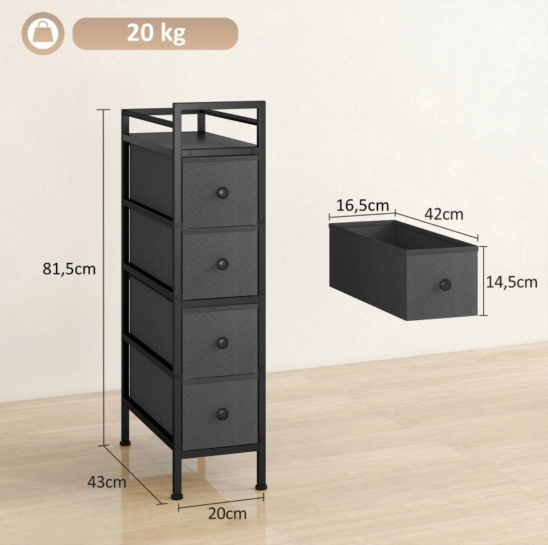 Cassettiera stretta nera 20x43x81,5 cm con 4 cassetti in tessuto