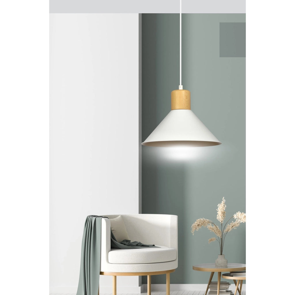 Lampada a sospensione Rowen in acciaio bianco e legno