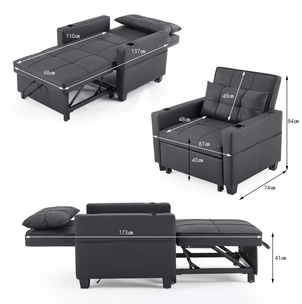 Divano letto 74x87x84 cm 3 in 1 con schienale regolabile in legno e metallo nero
