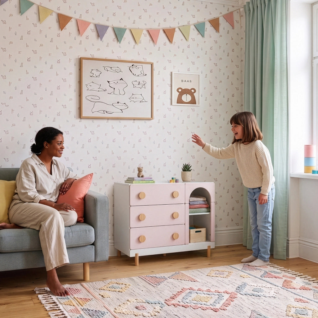 Cassettiera Vaarentaa per Cameretta con 3 Cassetti e 2 Vani Aperti 79x41x66 cm - Bianco/Rosa [en.casa]