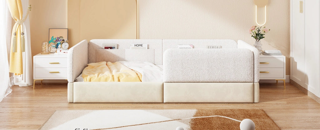 Letto a piattaforma imbottito 90x200 cm con sponde protettive e tasche portaoggetti, bianco