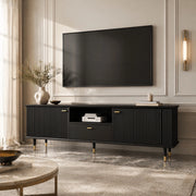 Mobile porta TV con 2 ante, 1 vano aperto e 1 cassetto, passacavi, chiusura ammortizzata, in MDF nero, 170 × 36 × 54 cm