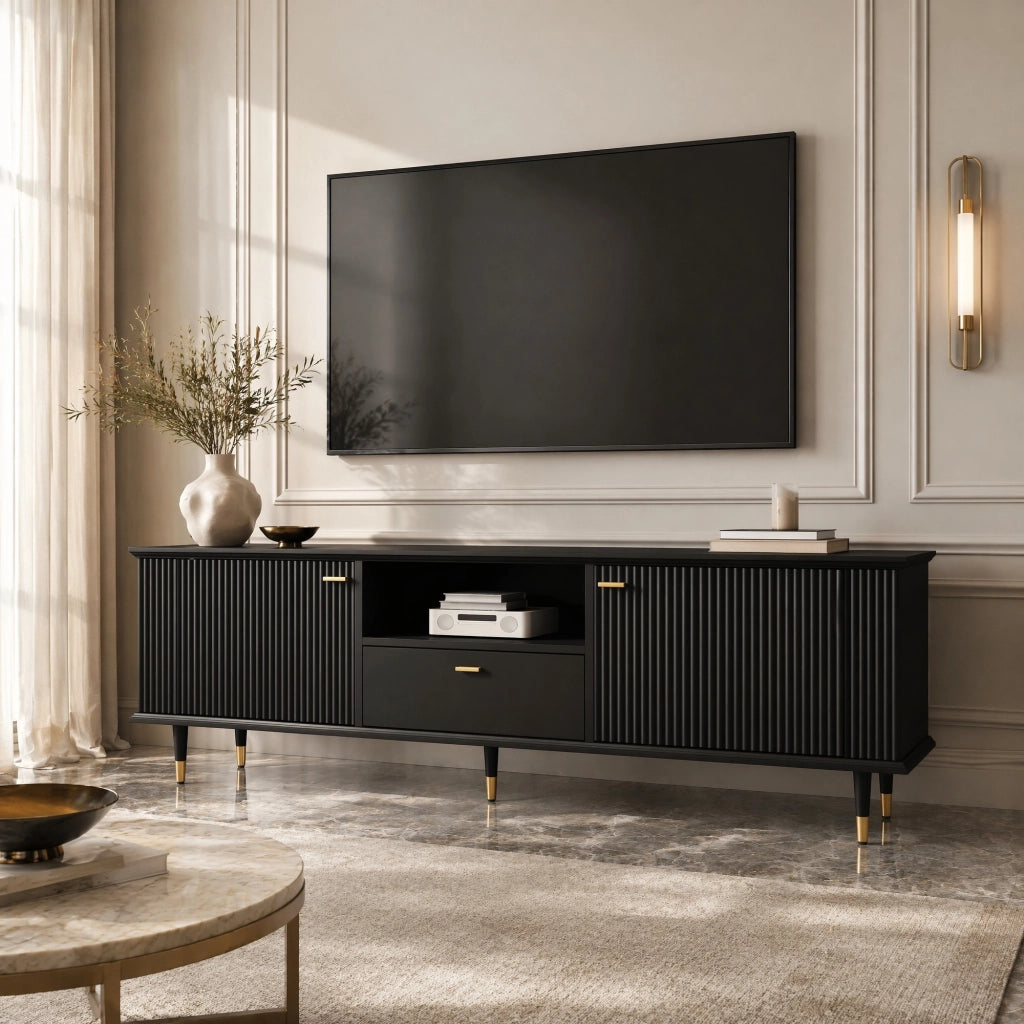 Mobile porta TV con 2 ante, 1 vano aperto e 1 cassetto, passacavi, chiusura ammortizzata, in MDF nero, 170 × 36 × 54 cm