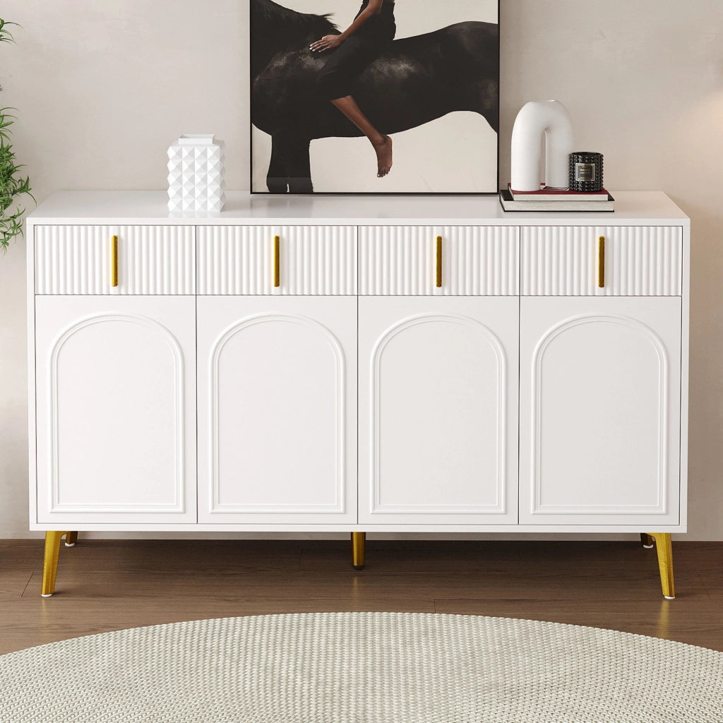 Credenza 140x38x82 cm; 4 cassetti e 4 ante; ripiani regolabili; MDF bianco con dettagli oro