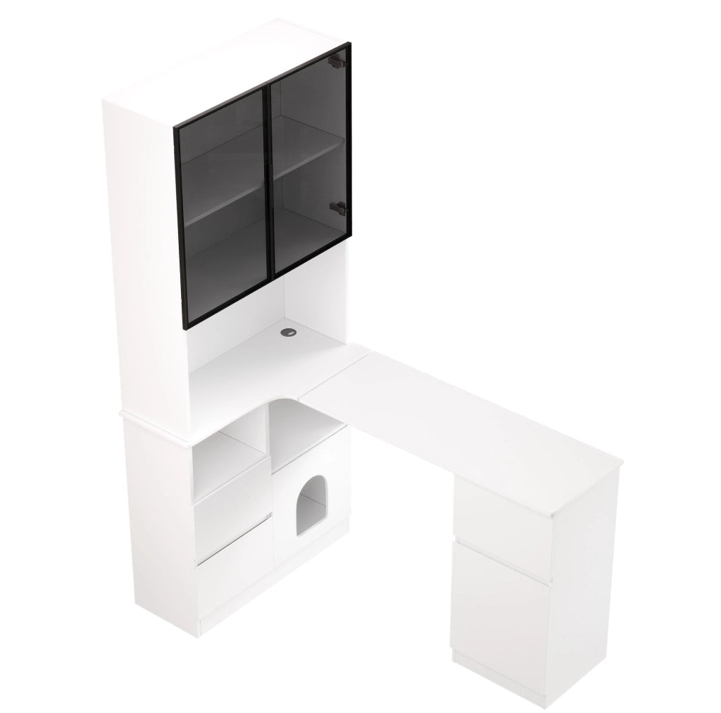 Scrivania angolare 120x80x180 cm con libreria e vetrina LED; bianco in MDF