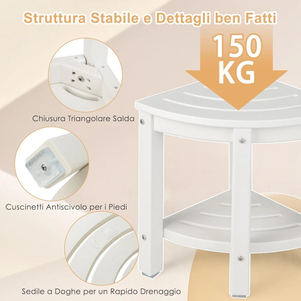 Sgabello Doccia, Sedia da Bagno Angolare in Polietilene con Ripiano, Sedile Multiuso a 2 Livelli per Uso Interno o Esterno, 32,5x32,5x43,5 cm, Capacità di Peso 150 kg (Bianco)