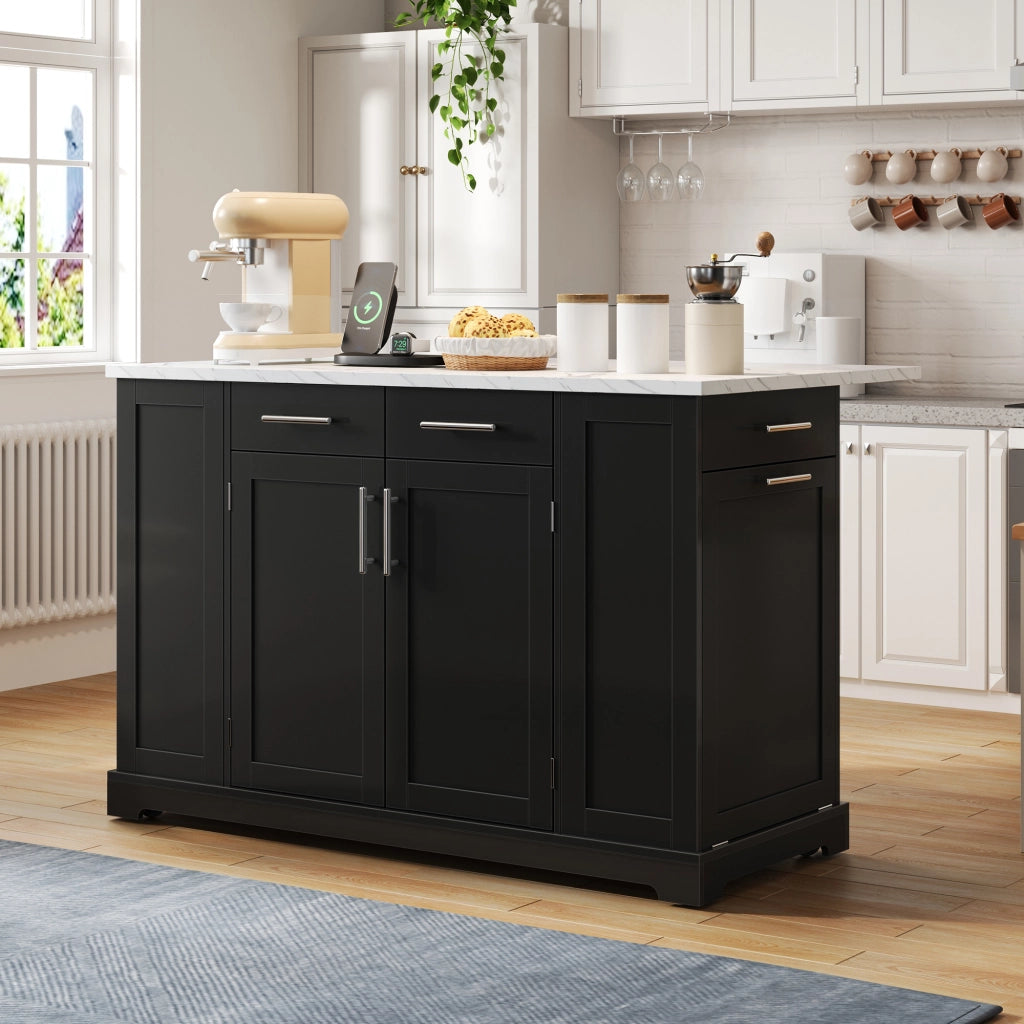 Carrello da cucina con piano ribaltabile; prese e vano rifiuti per cucina; in MDF nero; 138×86×92 cm