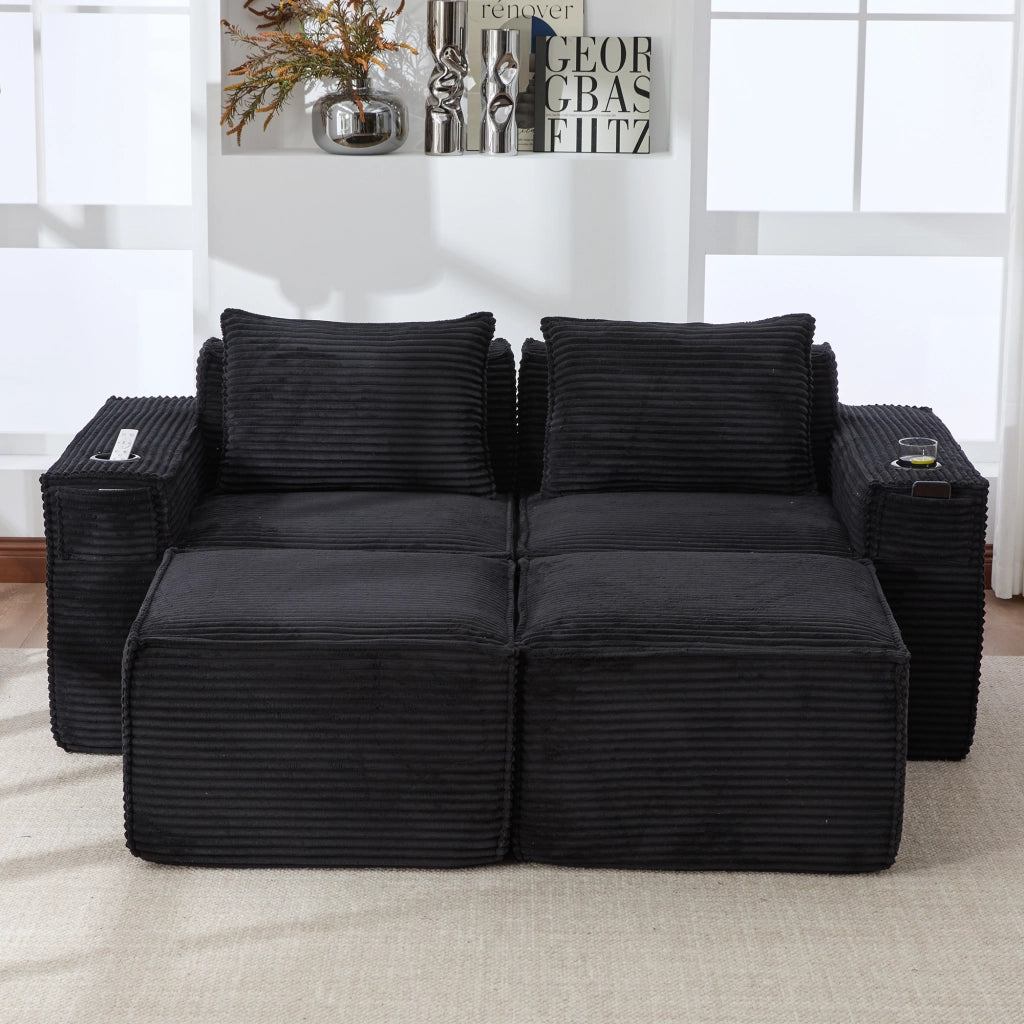 Divano modulare a 2 posti in tessuto corduroy nero con 2 pouf, portabicchieri e tasche laterali