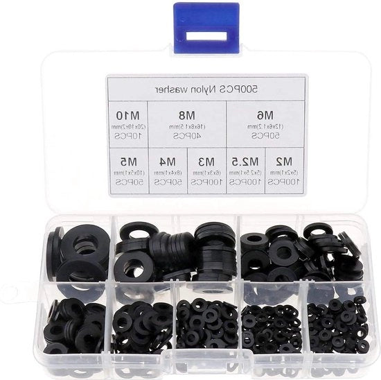 Set di Lavatrice da 500 pezzi in Nylon Nero con Scatola per Applicazioni di Casa, Elettrica, Automobilistica e Marittima - M2 M2.5 M3 M4 M5 M6 M8 M10 Lavatrice