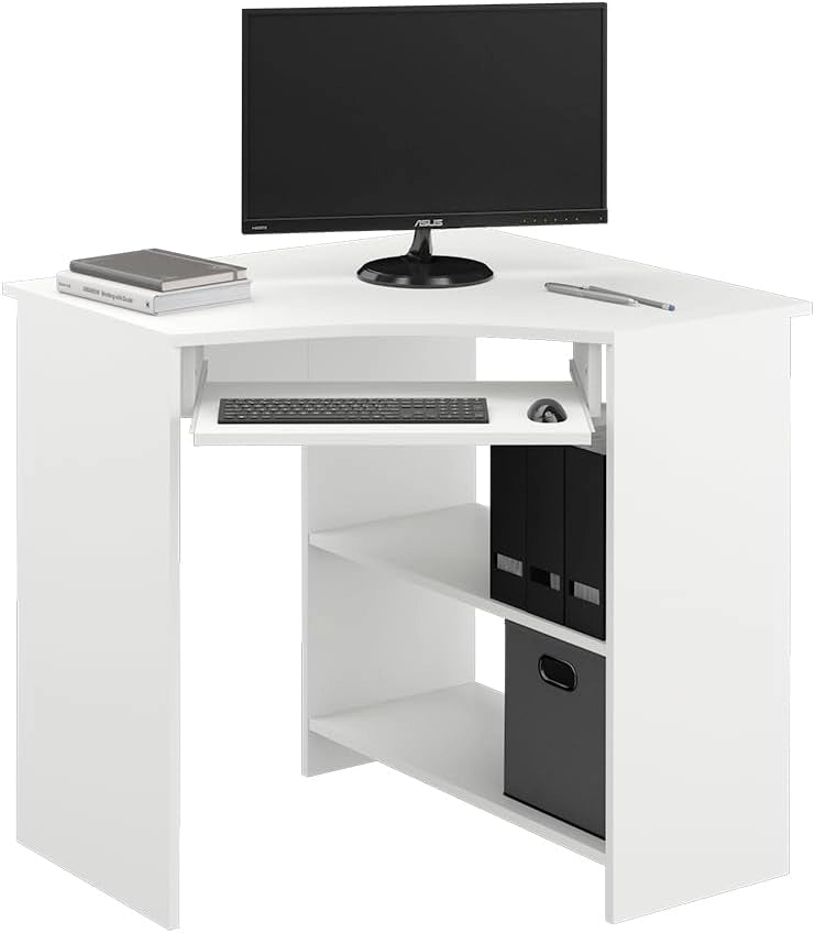 Scrivania angolare Odin, Bianco, 83 x 76 cm, con ripiano estraibile per tastiera e superfici di appoggio