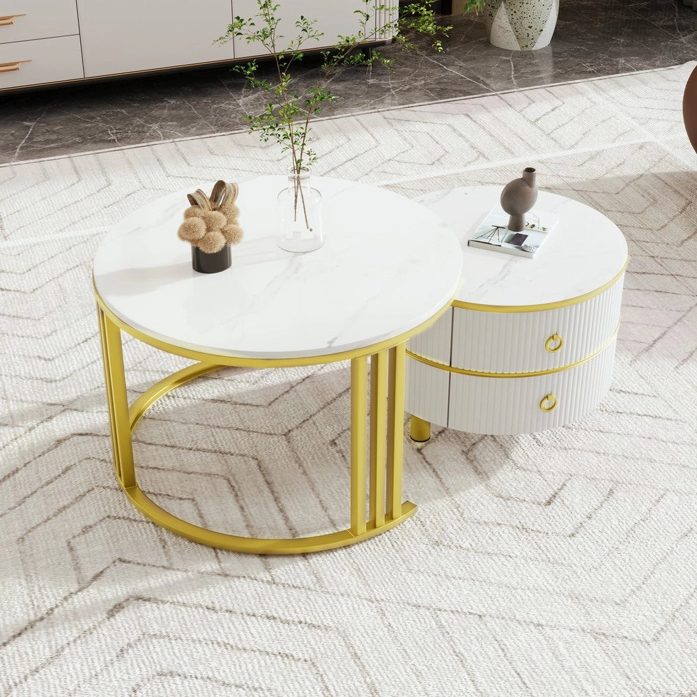 Tavolino da Caff¨¨ Rotondo MDF 2 in 1 ¨C MINIMAL ¨C Piano Marmo Bianco Lucido, 2 Cassetti, 70x70x46 + 50x50x40 cm