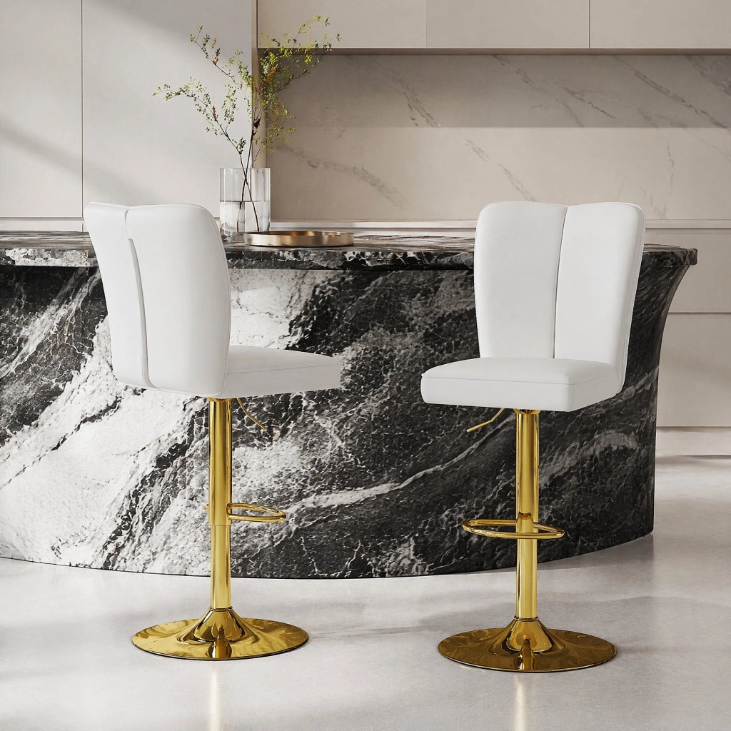 Sgabello da bar regolabile in altezza 2 pezzi, girevole a 360°, design bianco e oro in PU pelle, per cucina e isola snack