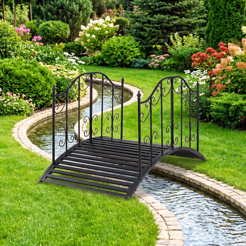 Ponte da giardino in metallo con ringhiere di sicureza e decorazioni floreali, Ponticello resistente  portata 150 kg 118 x 67 x 70 cm