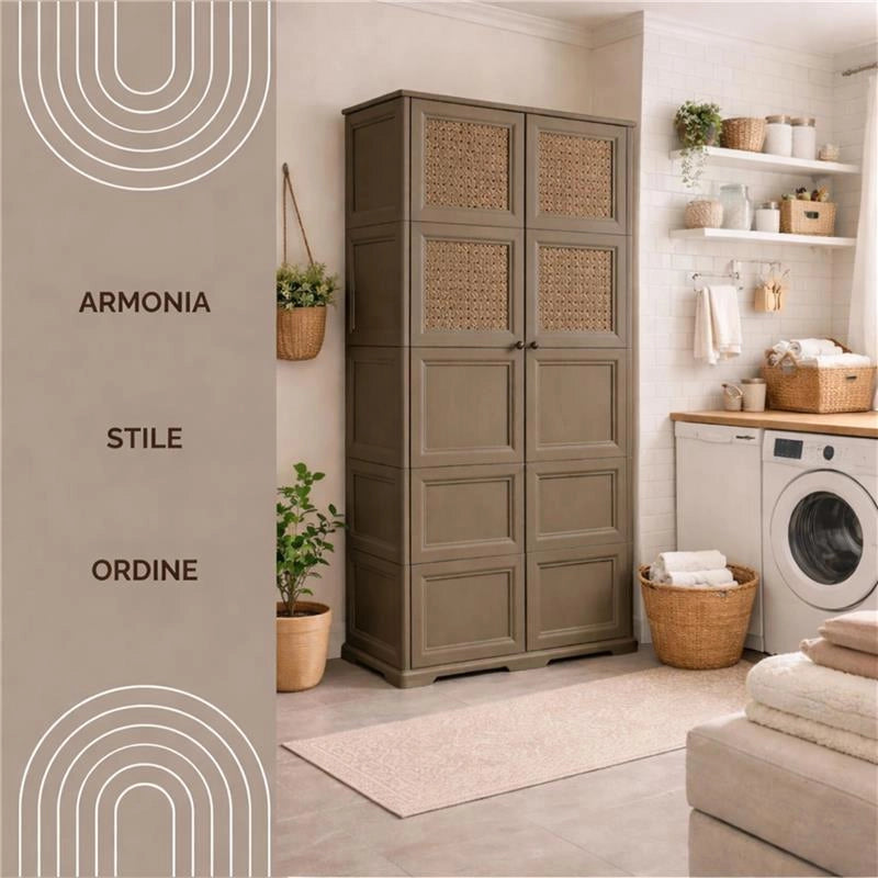 ARMADIO 5 MODULI WENGÉ 79X43X203 CM CON 6 ANTE CHIUSE E 4 TRAFORATE – CONTENITORE VERTICALE SALVASPAZIO PER INGRESSO E AMBIENTI COPERTI