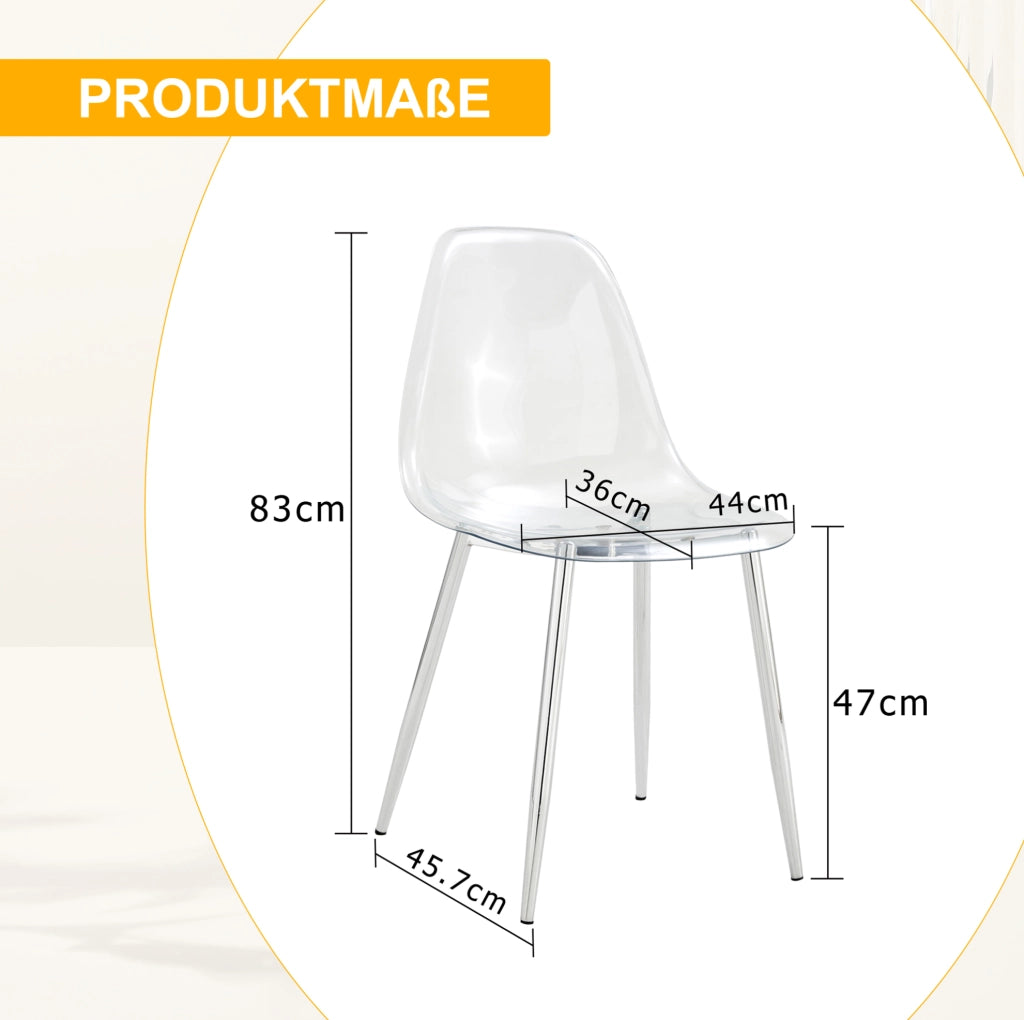 Set 4 sedie da pranzo trasparenti con gambe in metallo silver; 83 cm; seduta in plastica