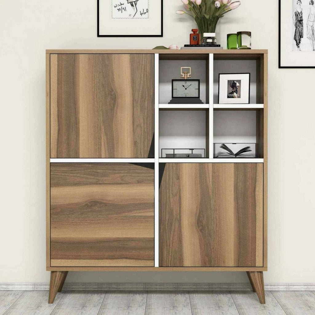 Credenza Barasso, Buffet da soggiorno, Madia da salotto, Dispensa da cucina, 100x30h115 cm, Noce e Bianco