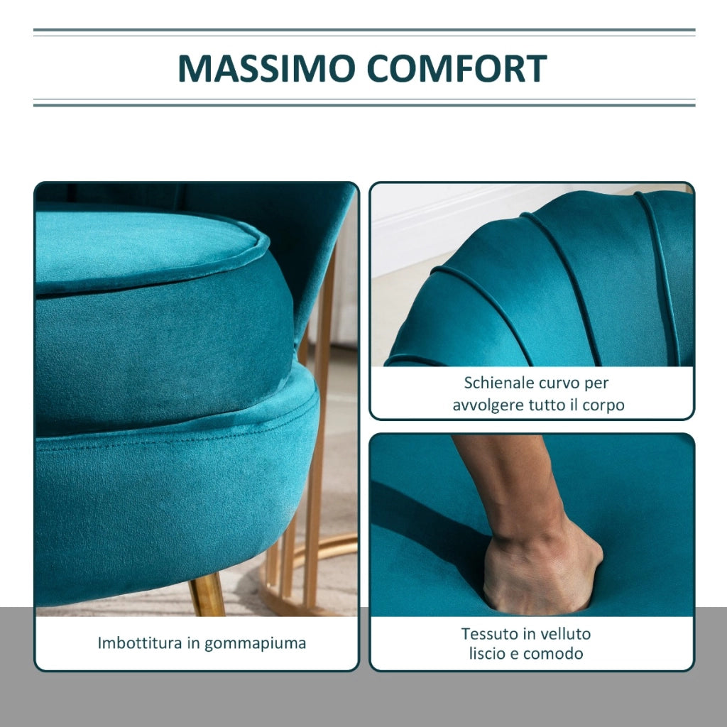 EasyComfort Poltrona di Design Stile Vintage Imbottita in Velluto, 79x77x77cm, Verde Petrolio
