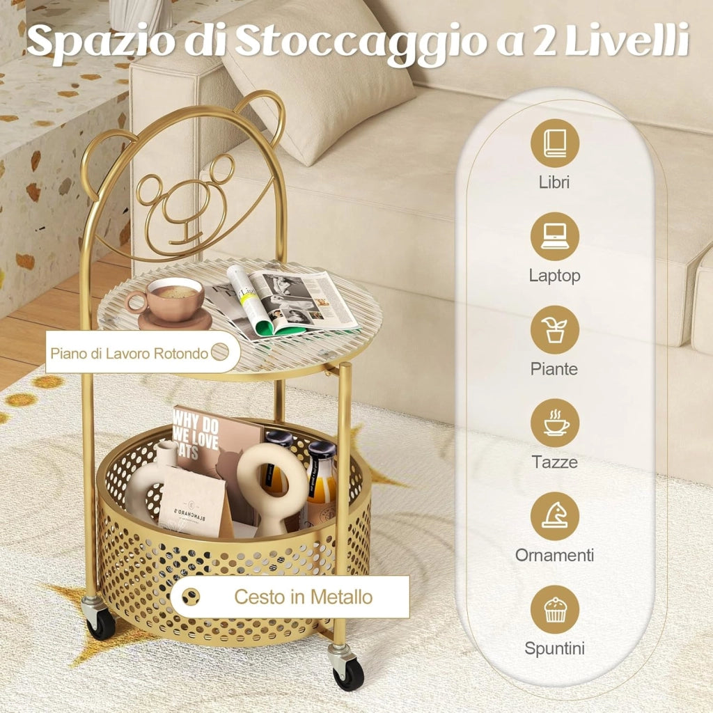 Tavolino da Caffè in Vetro, Tavolino Laterale a 2 Piani con Ruote, Motivo ad Orso, Cestino e Struttura in Metallo, Tavolino per Soggiorno, Camera da Letto e Studio (Oro)