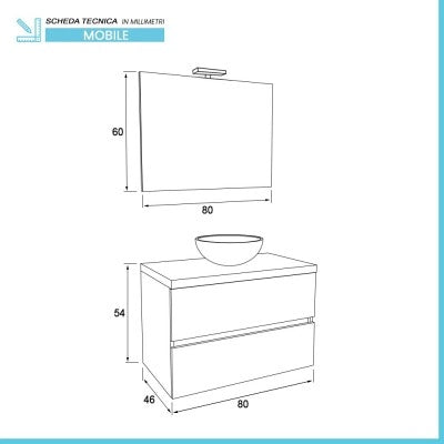 Mobile bagno sospeso 80 rovere fumo top cenere con specchio LED  Town