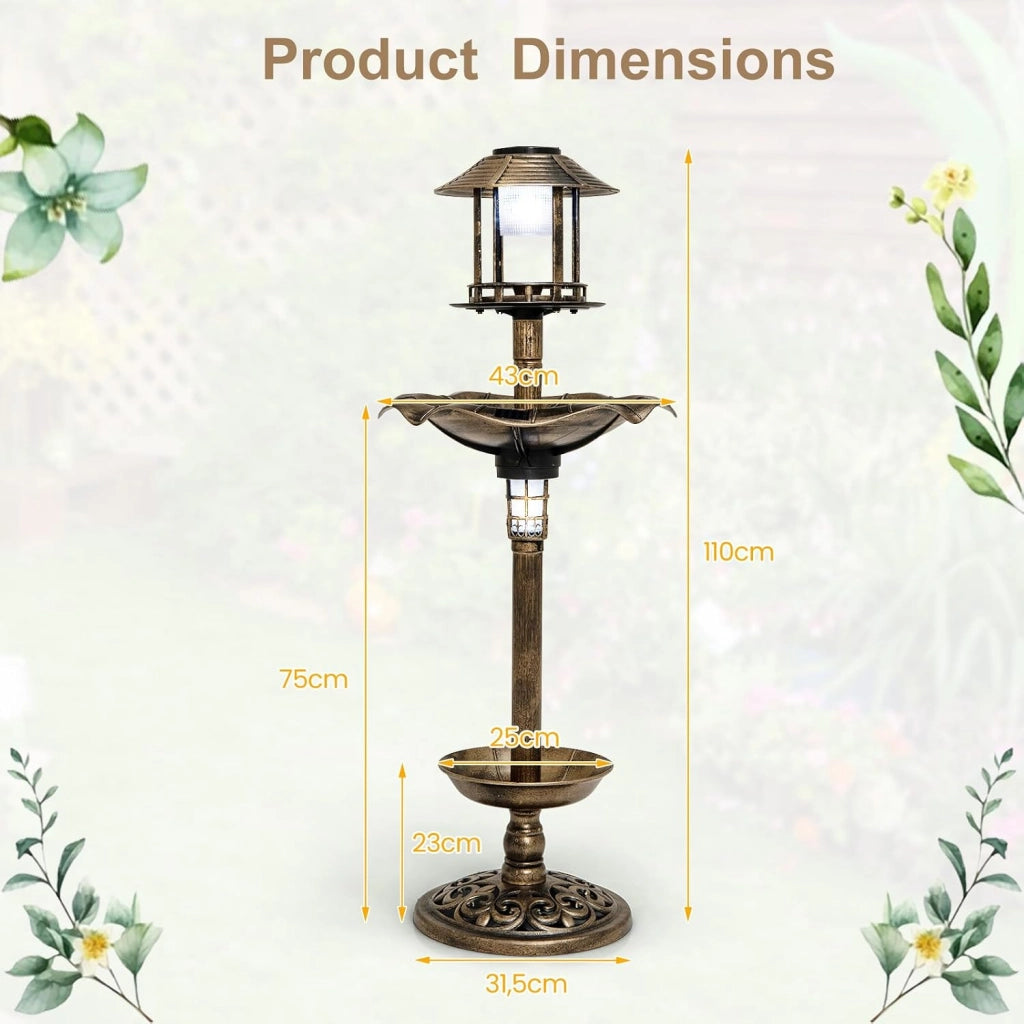 Magiatoia per Uccelli con Luce Solare Ø43 x 110H cm, Abbeveratoio per Uccelli Selvatici Decorazione da Esterno Rustico Effetto Bronzo, Vasca per Uccello da Giardino e Balcone (Bronzo Giallo)