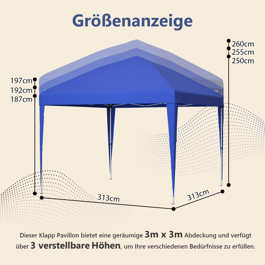 Gazebo 3x3m Pop-up Gazebo pieghevole regolabile in altezza Gazebo da giardino con 4 sacchi di sabbia e borsa da trasporto (blu)