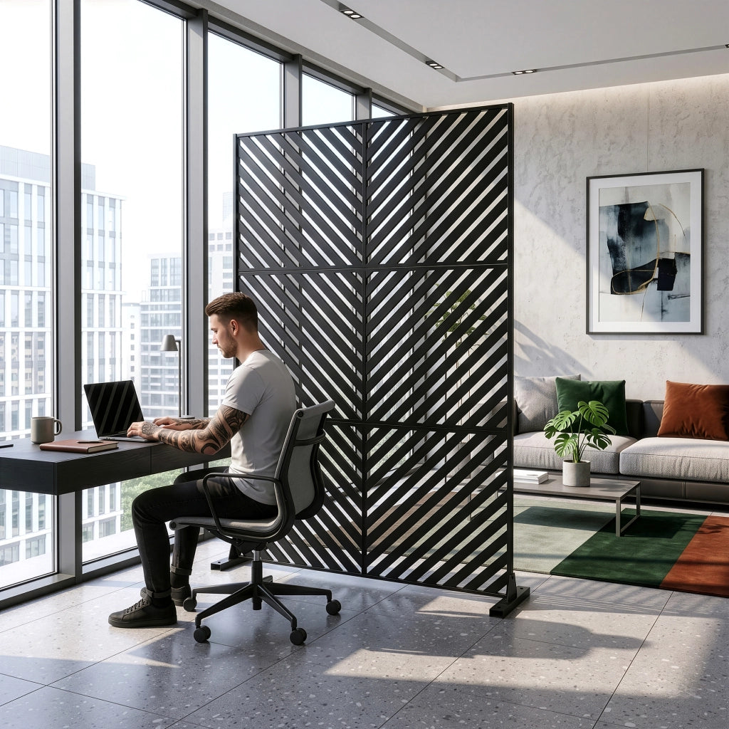 Pannello Divisorio Kekan con Struttura Decorativa in Acciaio 180 x 120 cm - Nero casa.pro