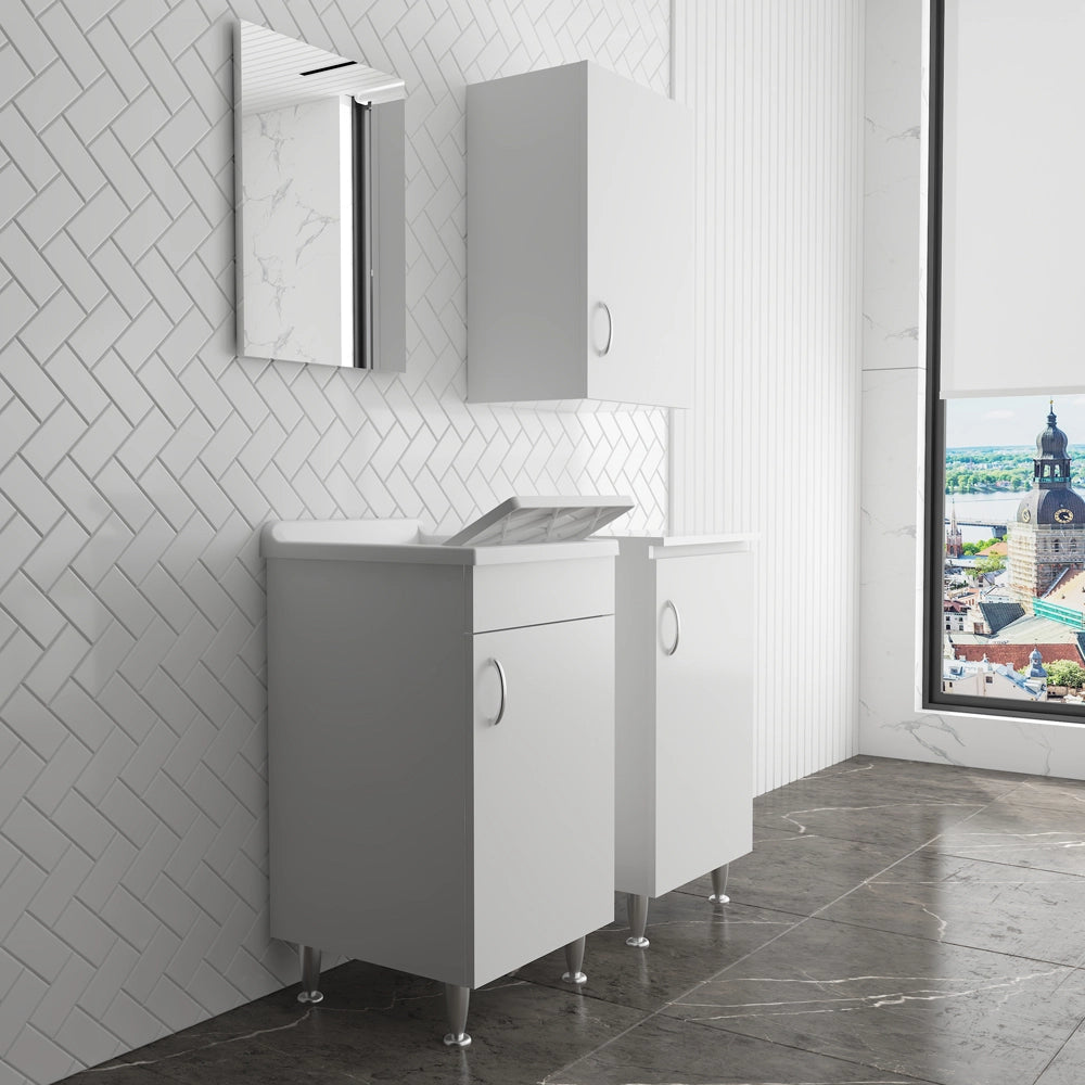 Set lavanderia con lavatoio base e pensile in legno bianco Fedra