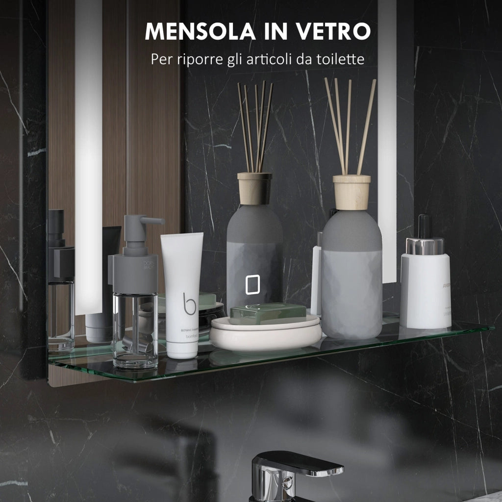 Specchio Bagno a Parete Luce LED a 3 Colori Mensola in Vetro 50x12x70 cm
