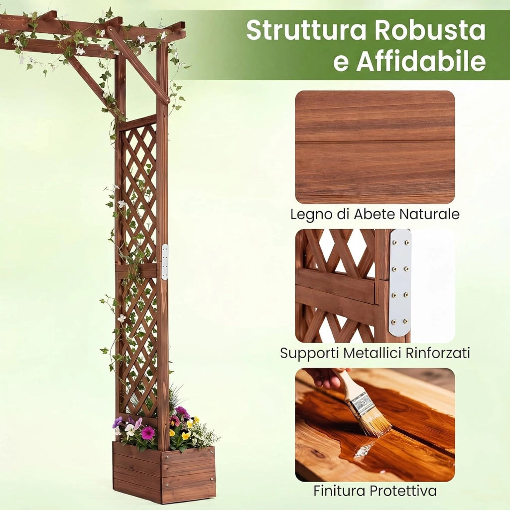 Arco da Giardino con 2 Fioriere, Pergola Esterno per Rampicanti | Pergolato Decorativo in Legno con 2 Grigliati e Tettuccio, per Matrimonio e Feste, 208 x 55 x 220 cm