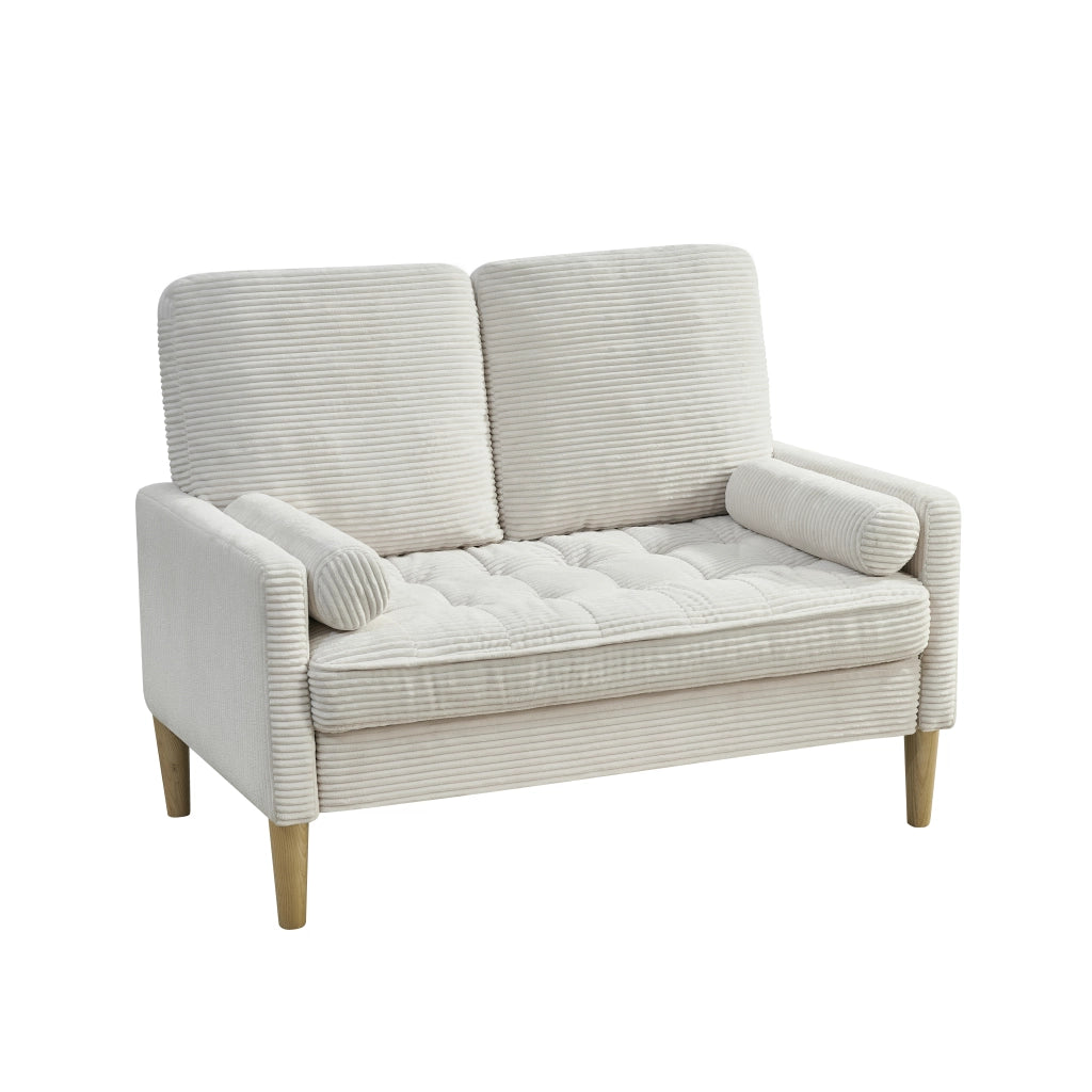 Divano a 2 posti compatto in tessuto a coste con cuscini imbottiti e gambe in legno, stile scandinavo beige