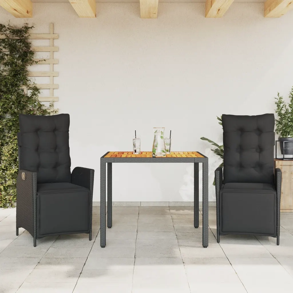 Set da Pranzo da Giardino 3 pz | Set Salotto da Giardino con Cuscini Nero in Polyrattan