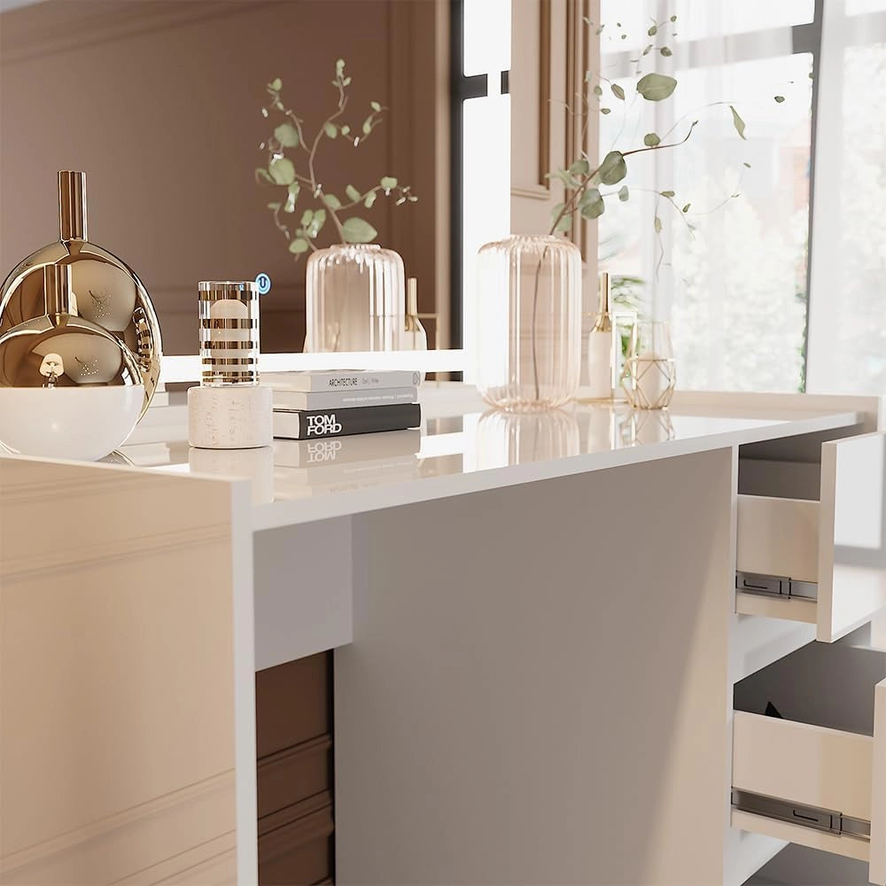 Tavolo da toilette Marla, Bianco lucido, 120 cm con specchio a LED, Ampia superficie del tavolo per trucco, gioielli e accessori per lo styling