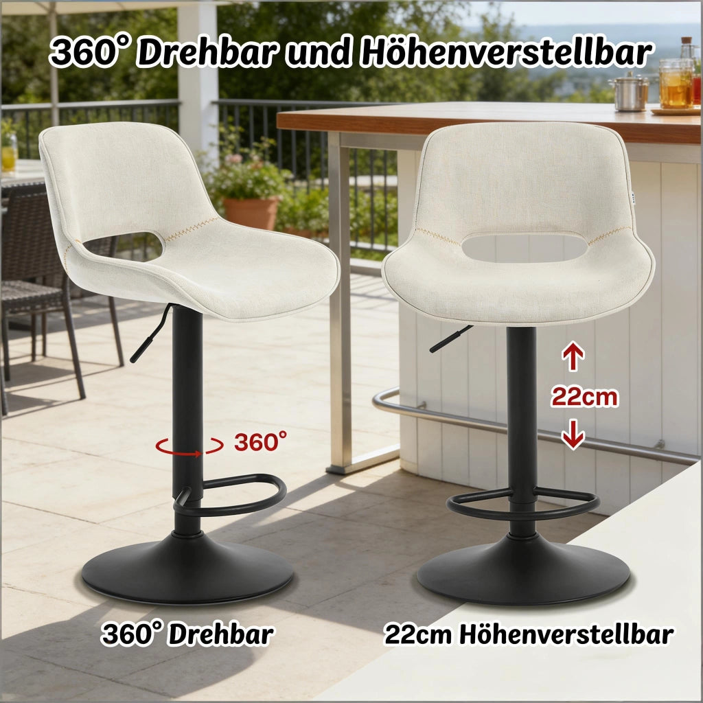 Sgabelli da bar girevoli, 2 pezzi regolabili in altezza con schienale, base stabile e rivestimento in lino beige